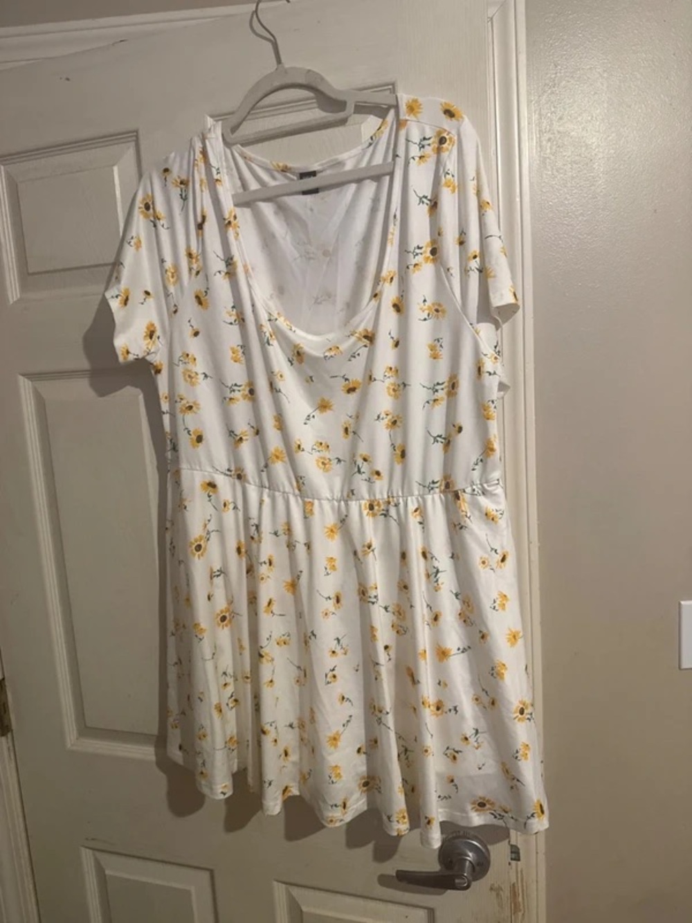 Women's White Floral Short-Sleeve romper with Yellow Sunflower Print